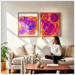 Relois Original Abstract Paintings (2) on Canvas. Pink, Purple, Gold. 20”x16”